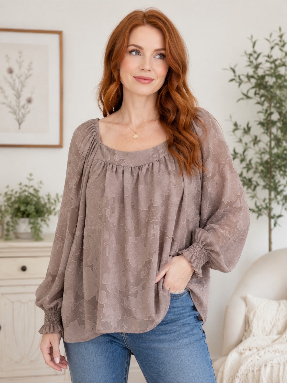 Women's Taupe Floral Jacquard Peasant Top